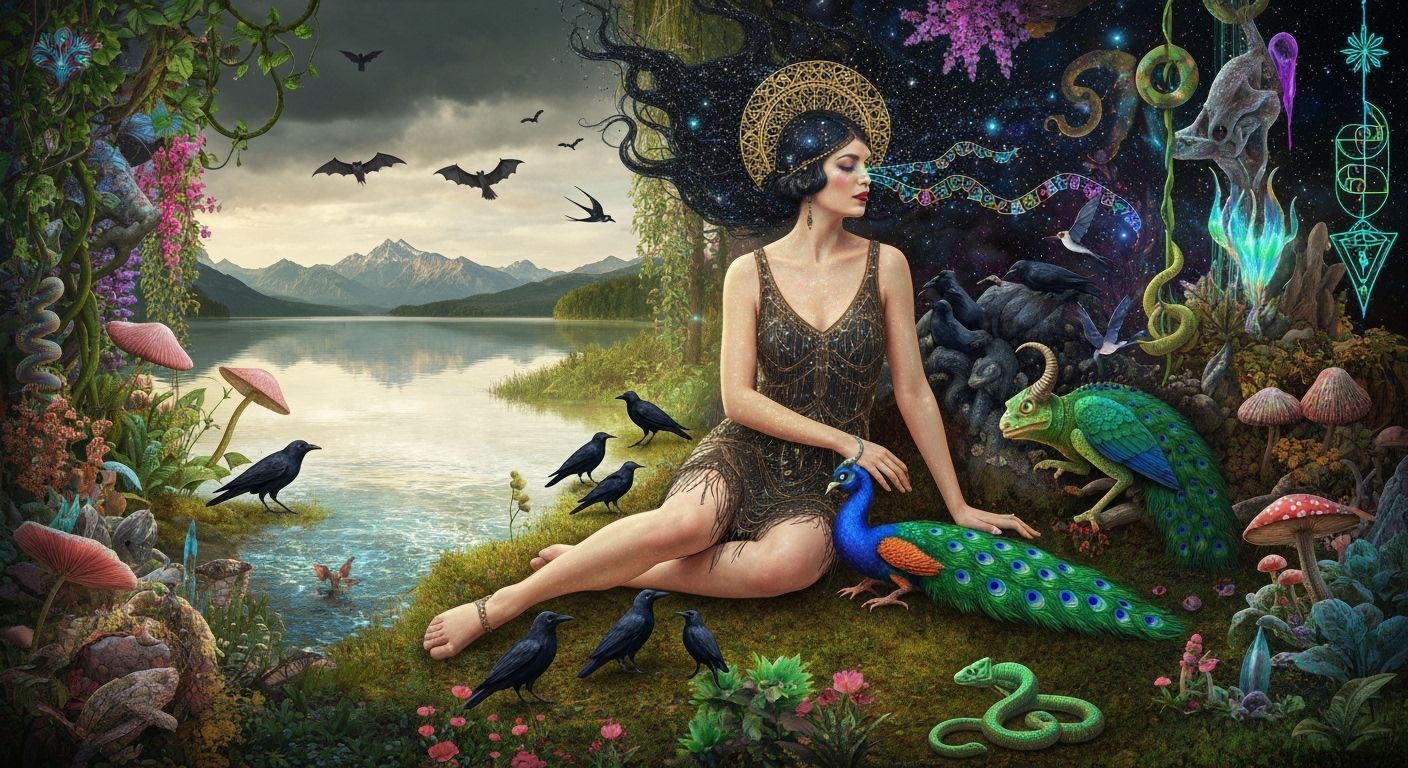 Cosmic Surrealism: Woman in Bioluminescent Garden with Crows