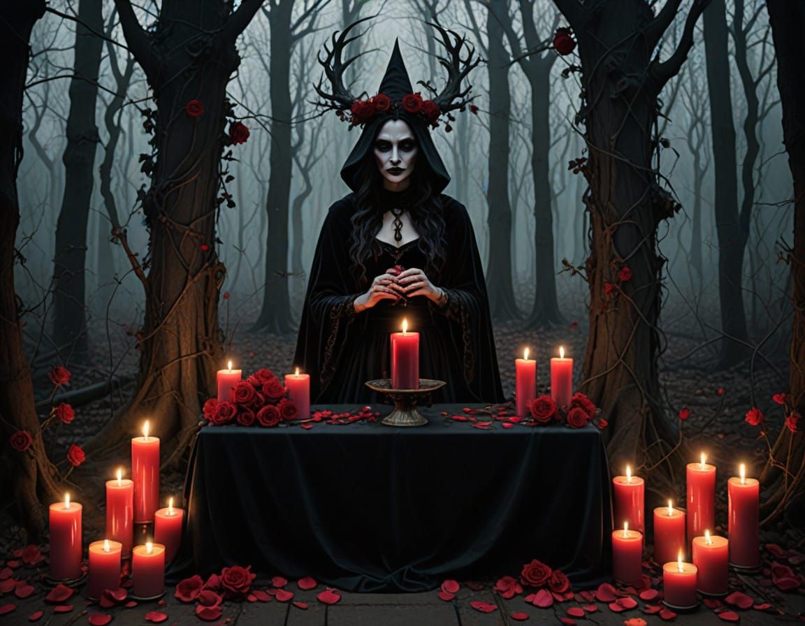 Gothic Valentine's Day Altar in Dark, Mystical Forest