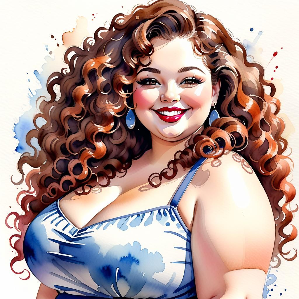Watercolor Portrait of a Curvy Woman with Brown Hair