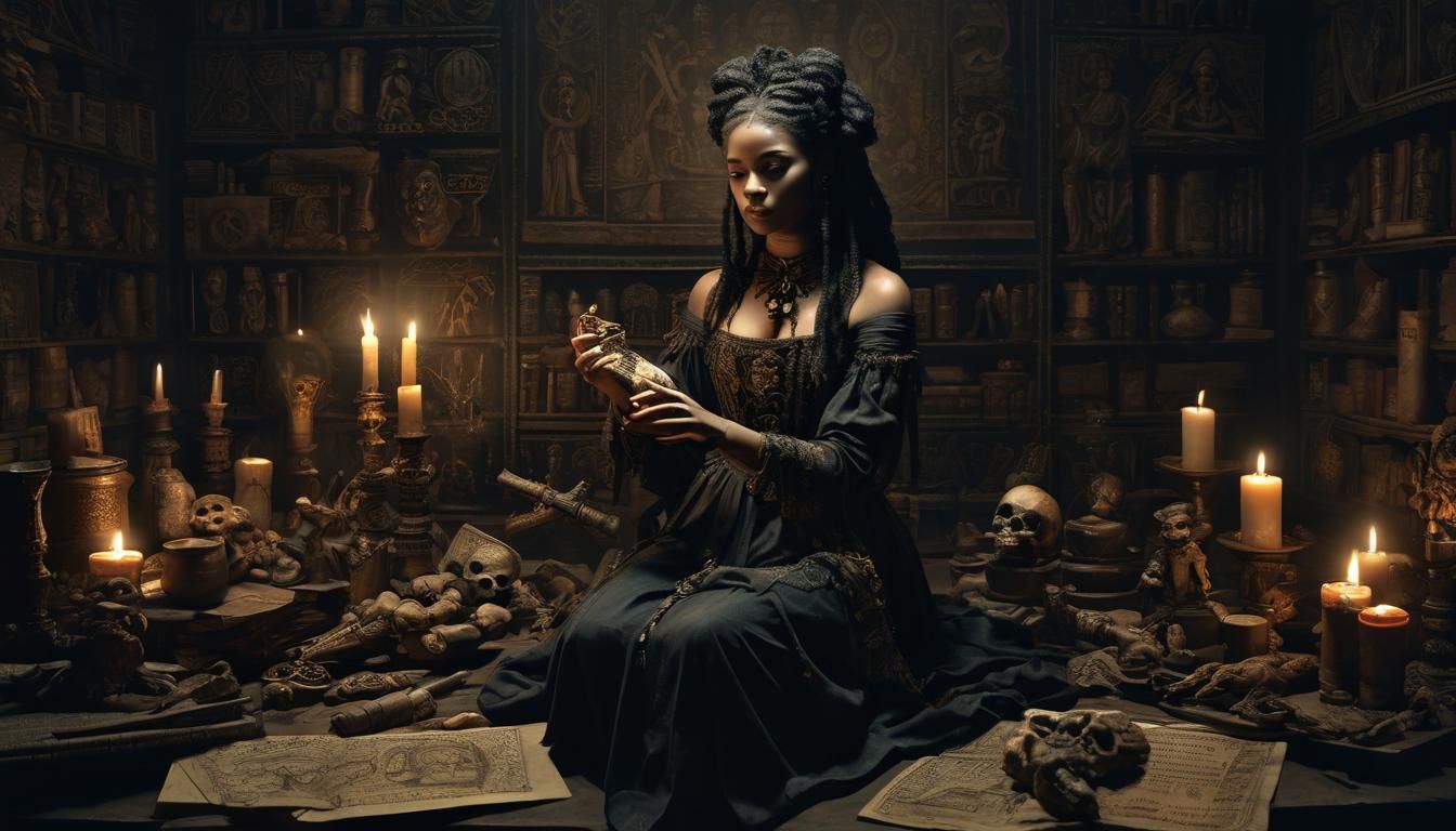 Mysterious Sorceress in Candlelit Chamber - Dark Academic Ar...