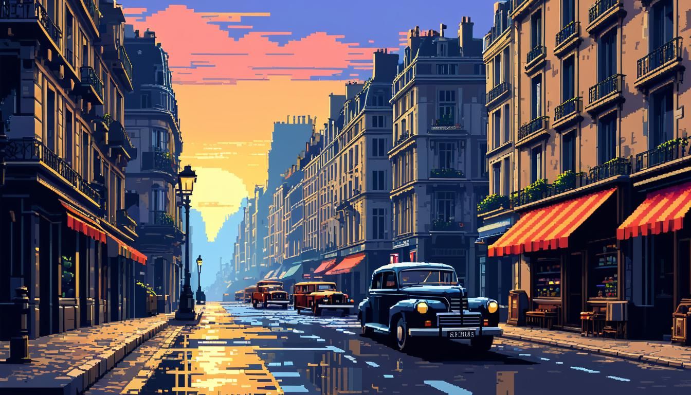 Paris Street Scene in Pixel Art Style