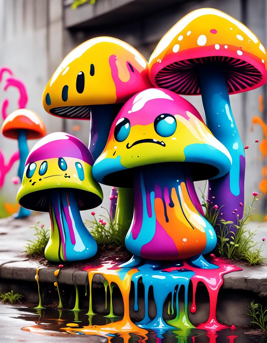 Mushroom People Graffiti Art in Polychromatic Colors