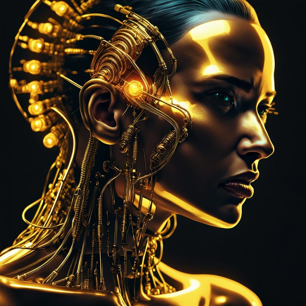 Cybernetic Human with Gold Accents in Neon Sci-Fi Art