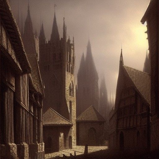 Mystical Medieval Town in Somber, Dramatic Style