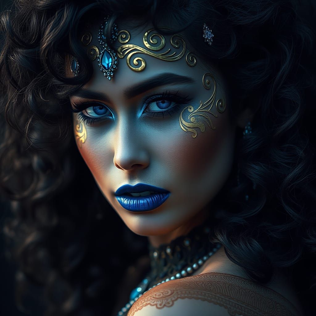 Woman with Intricate Gold Designs and Blue Eyes