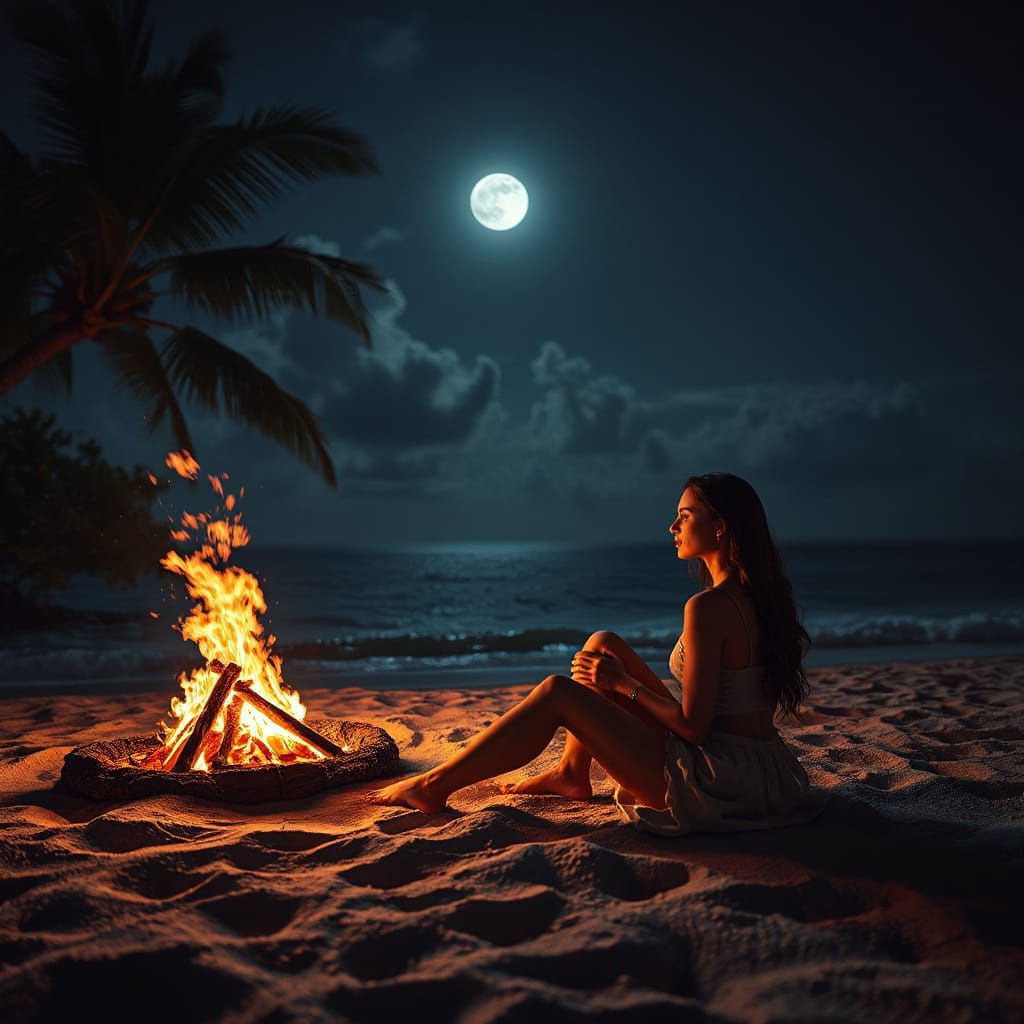 Tropical Beach Campfire Under Full Moon, Digital Art