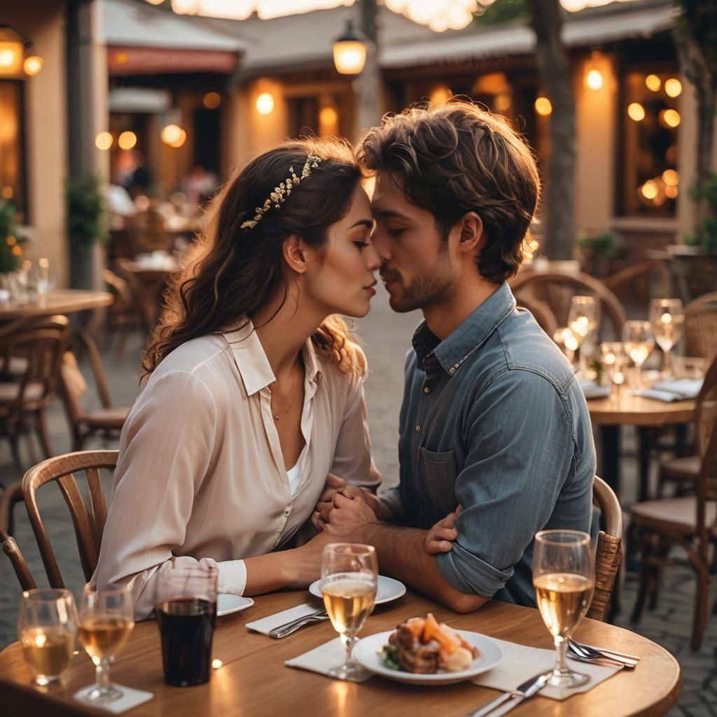 Romantic Sunset Kiss at Restaurant: Bokeh Photography