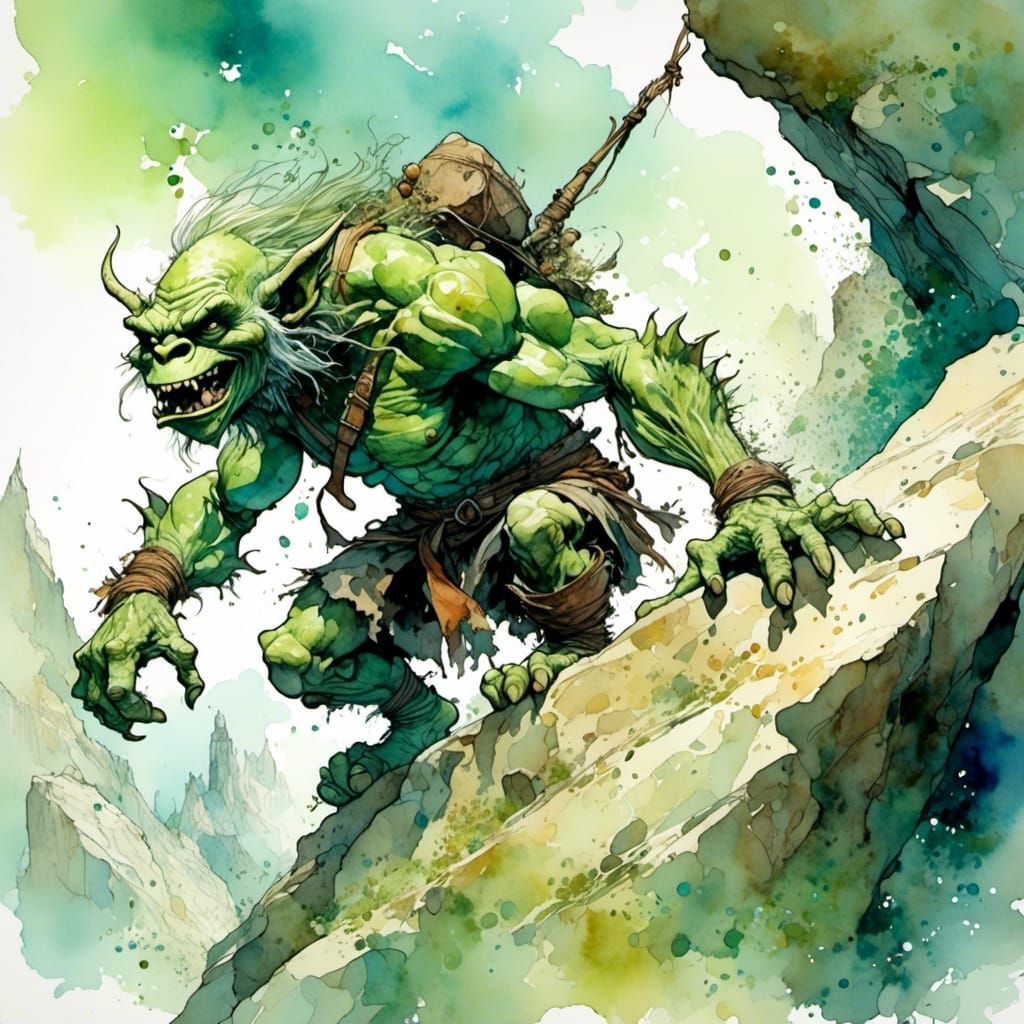 Fierce Goblin Climbing Boulder in Watercolour Style