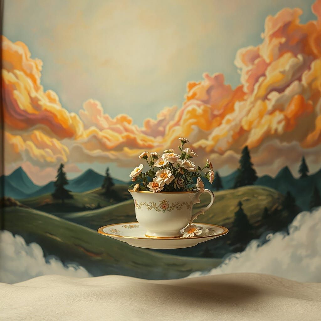 Surreal Landscape with Floating Teacup and Colorful Clouds