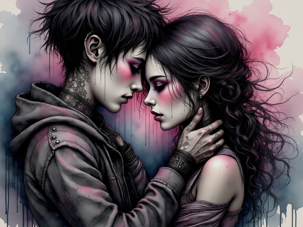 Moody Emo Couple in Grunge-Inspired Pencil Sketch