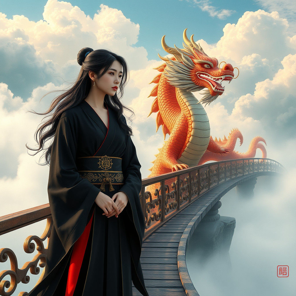 Asian Woman with Dragon Statue in Dreamlike Realm