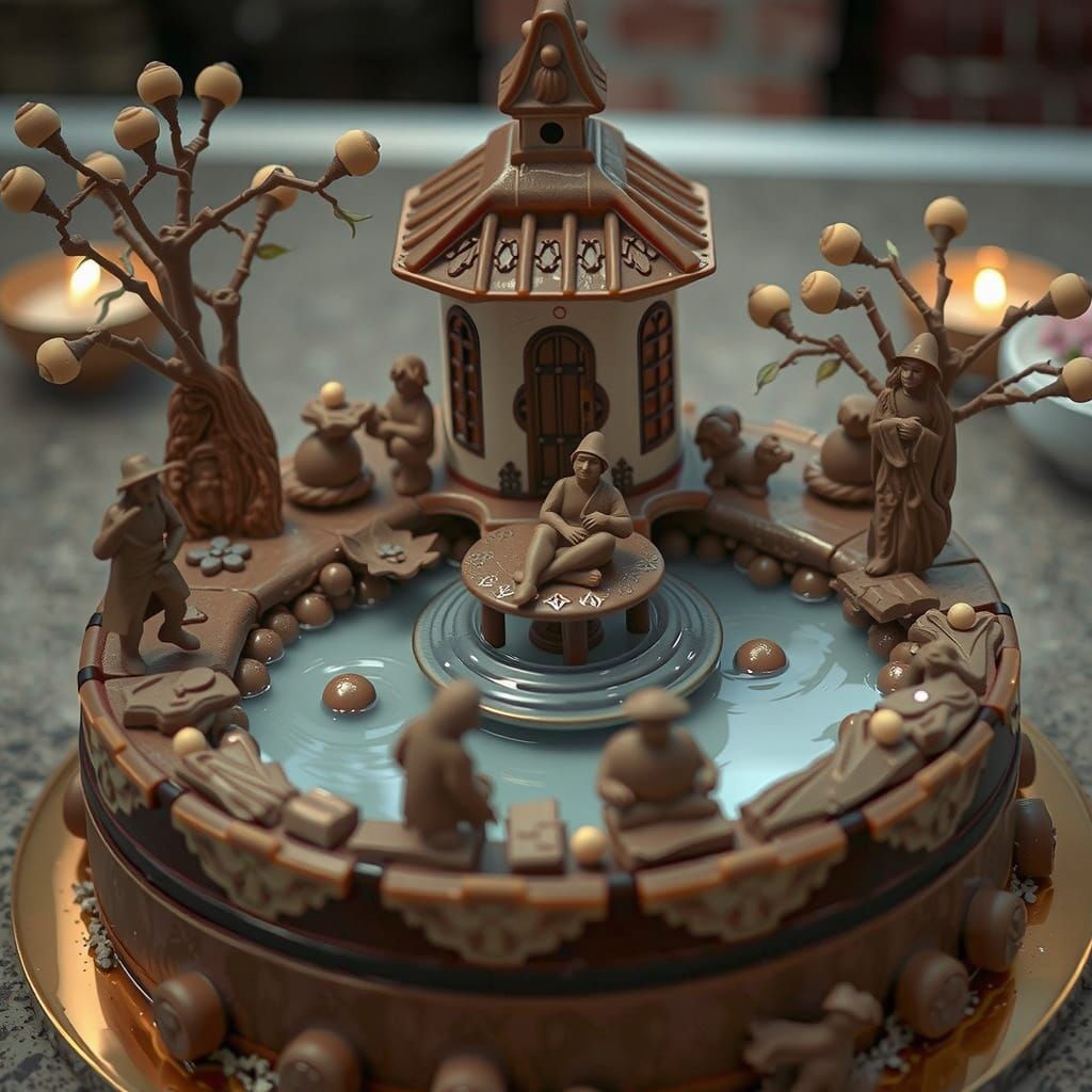 Chocolate Fountain Cake in Zen Garden, Japanese Art Style