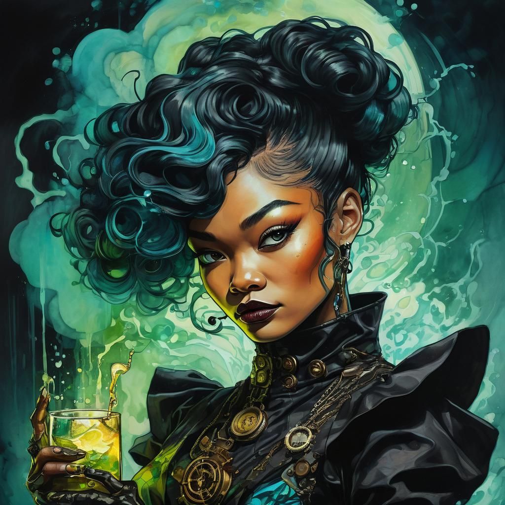 Eartha Kitt Portrait in Steampunk Alcohol Ink Style
