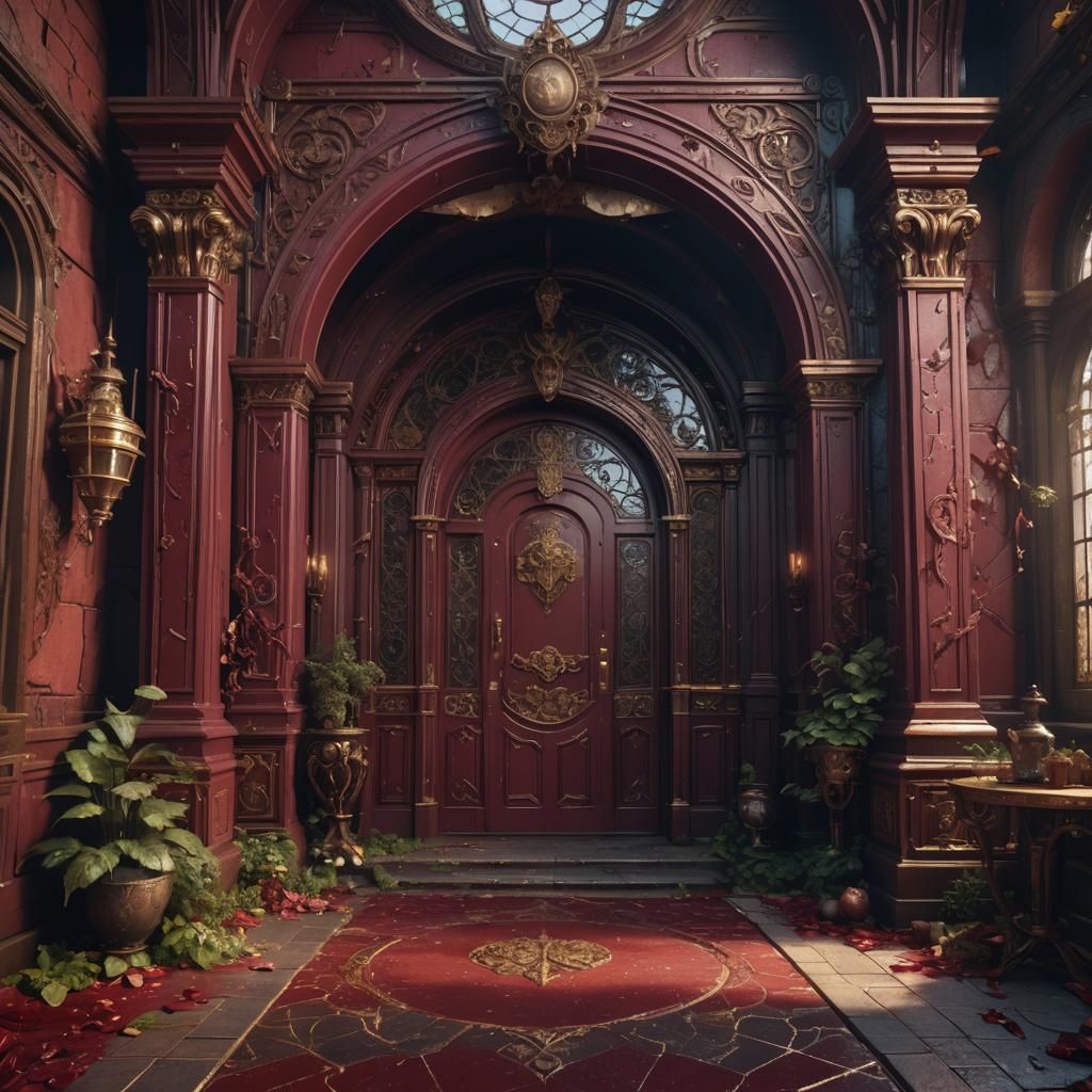 Fantastical Burgundy Entryway in Detailed Matte Painting