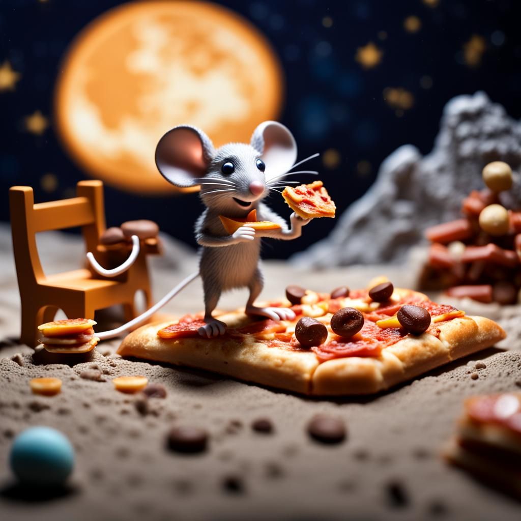 Mouse's Lunar Feast: Pizza and Candy on the Moon