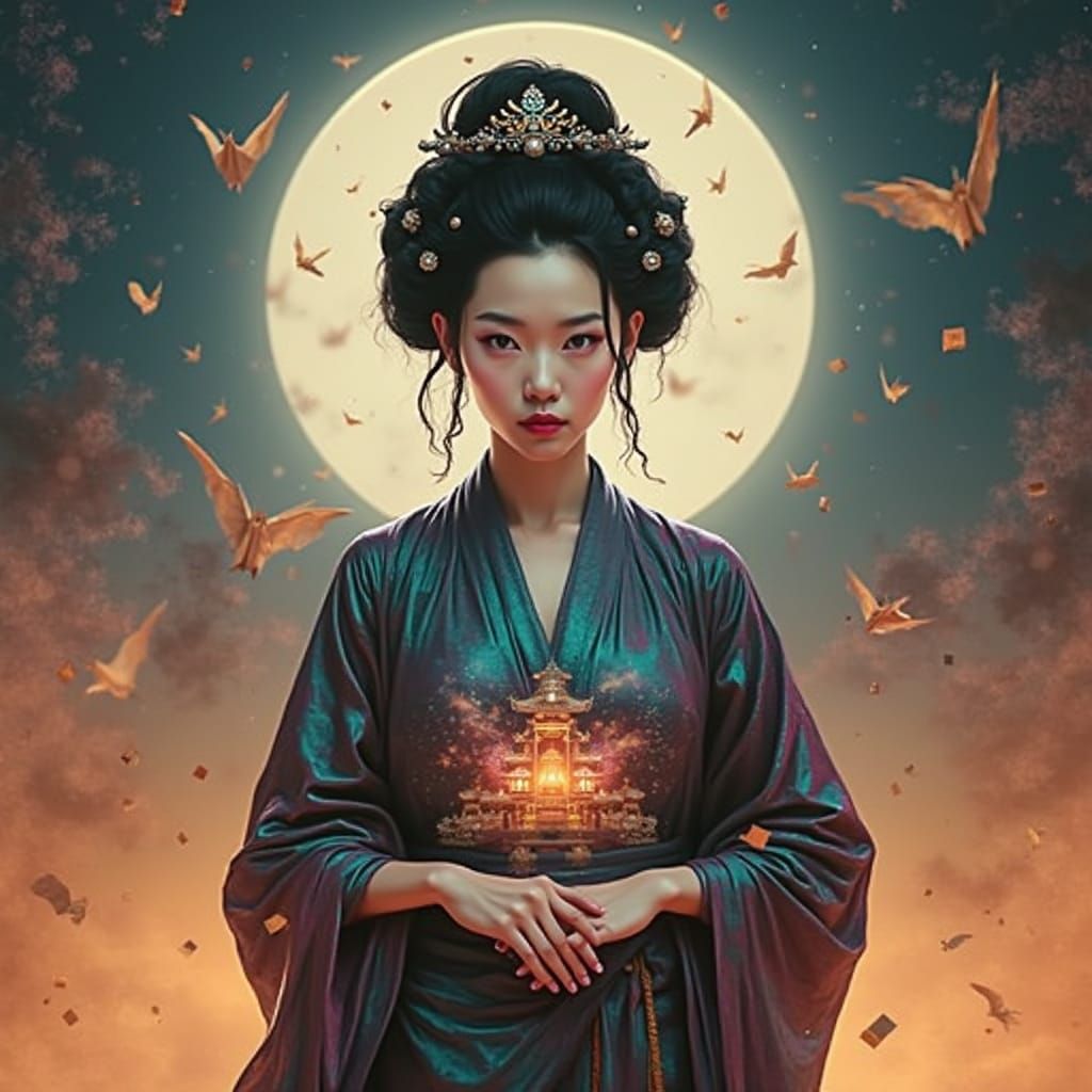 Gaseous Asian Goddess in Glitchcore Style