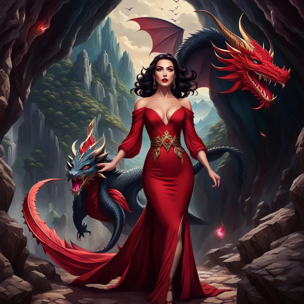 Dark Haired Woman Exiting Cave with Dragons