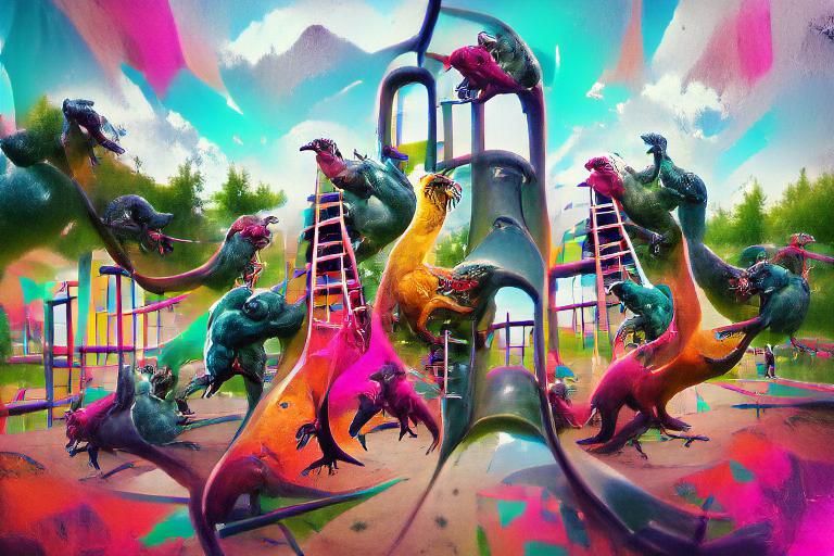 Dinosaurs on Playground Equipment: Colourful Art