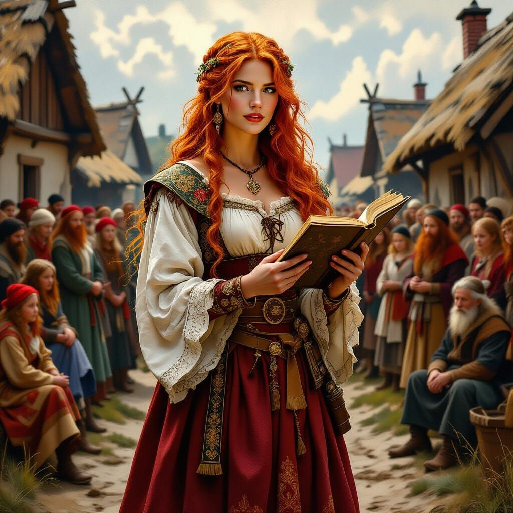 Scandinavian Saga Goddess Telling Tales, Oil Painting Style