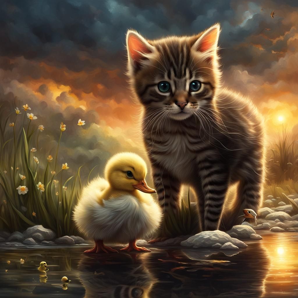 Kitten and Duckling in Dramatic Digital Painting