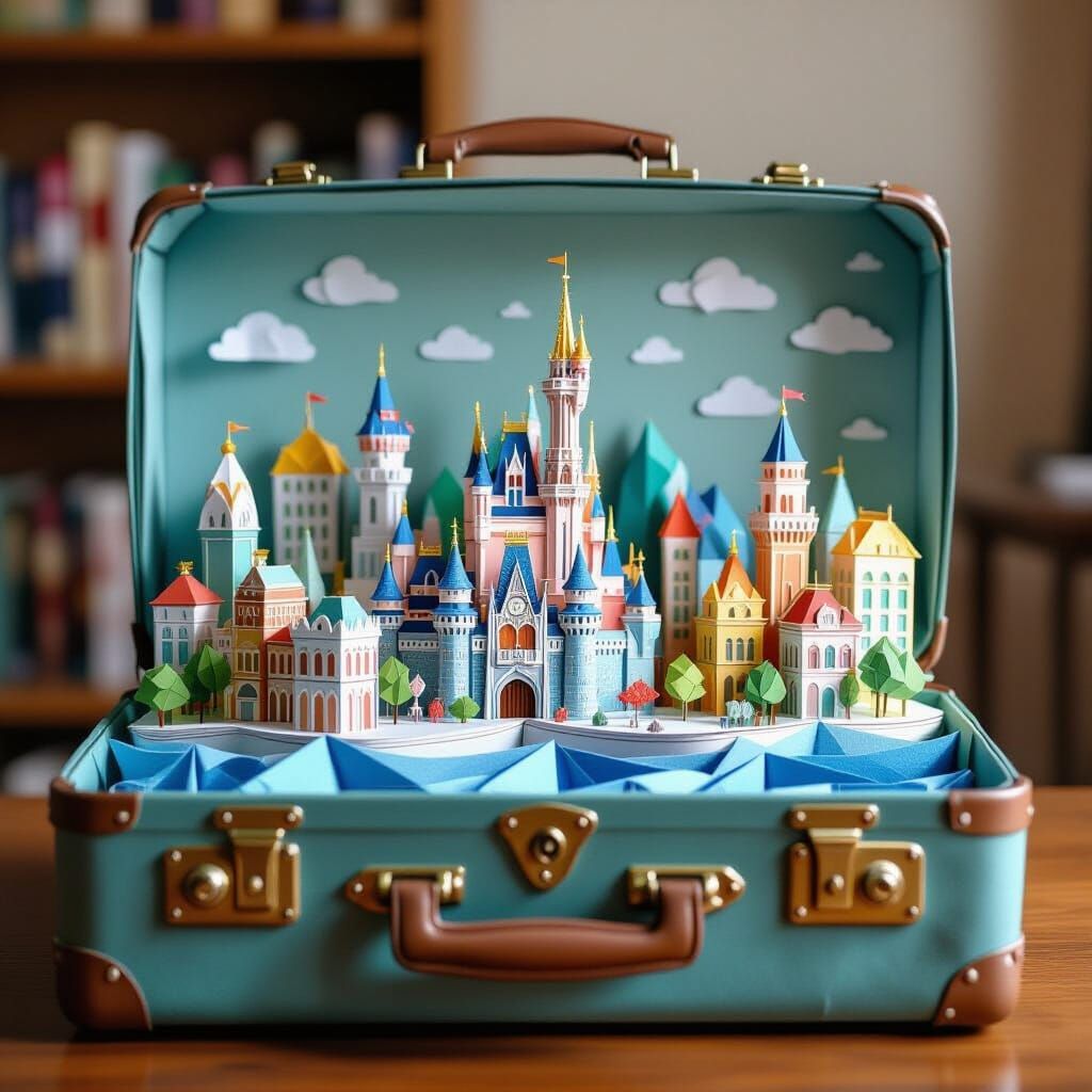 Vibrant City Inside Suitcase: Origami Papercraft Art