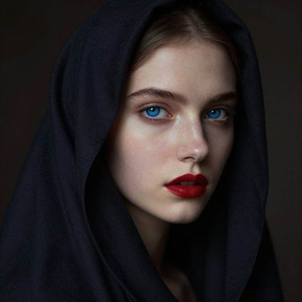 Veiled Woman Portrait with Striking Blue Eyes
