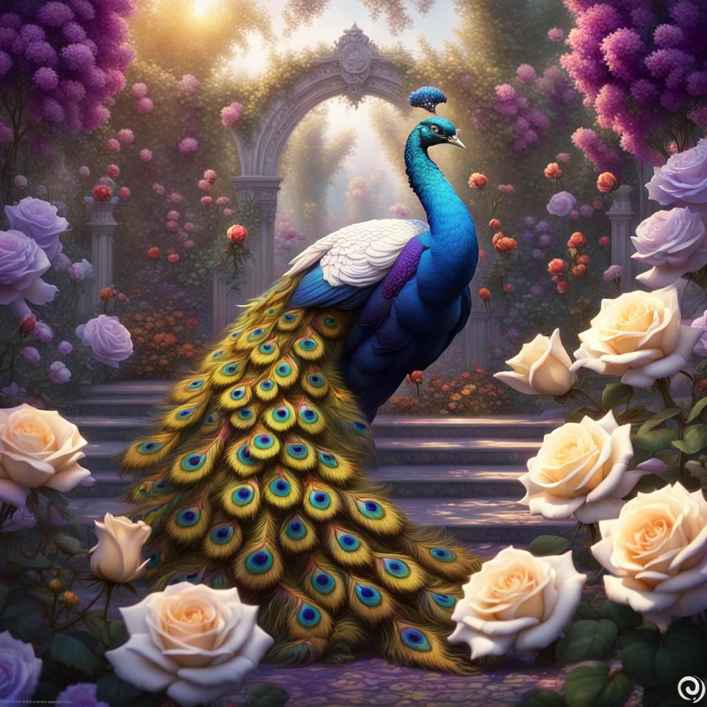 Peacocks Dance in Rose Garden: Dark Fantasy Art