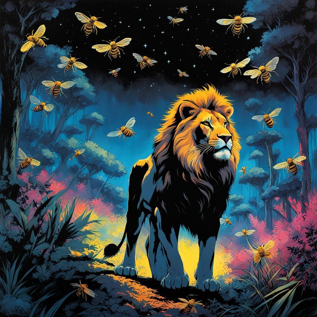 Lion Surrounded by Bees in Glowing Jungle