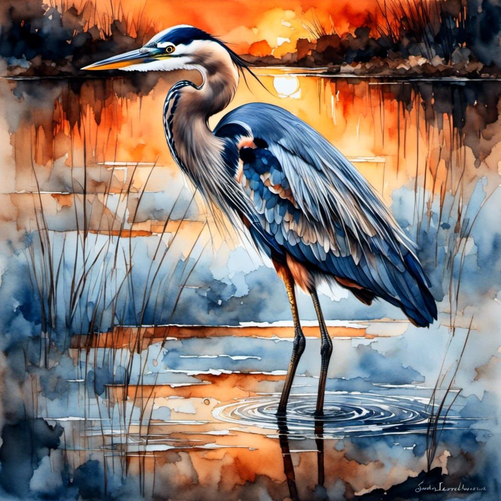 Great Blue Heron at Sunset in Watercolor Style