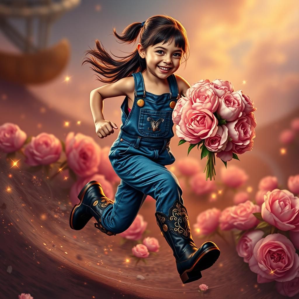 Girl in Blue Overalls with Flowers, Hyperrealistic Style