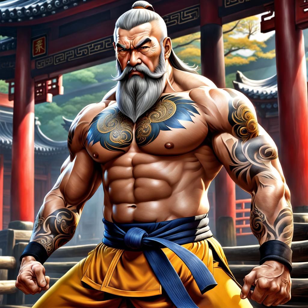 Anime Kung Fu Master Bodybuilder in Dojo