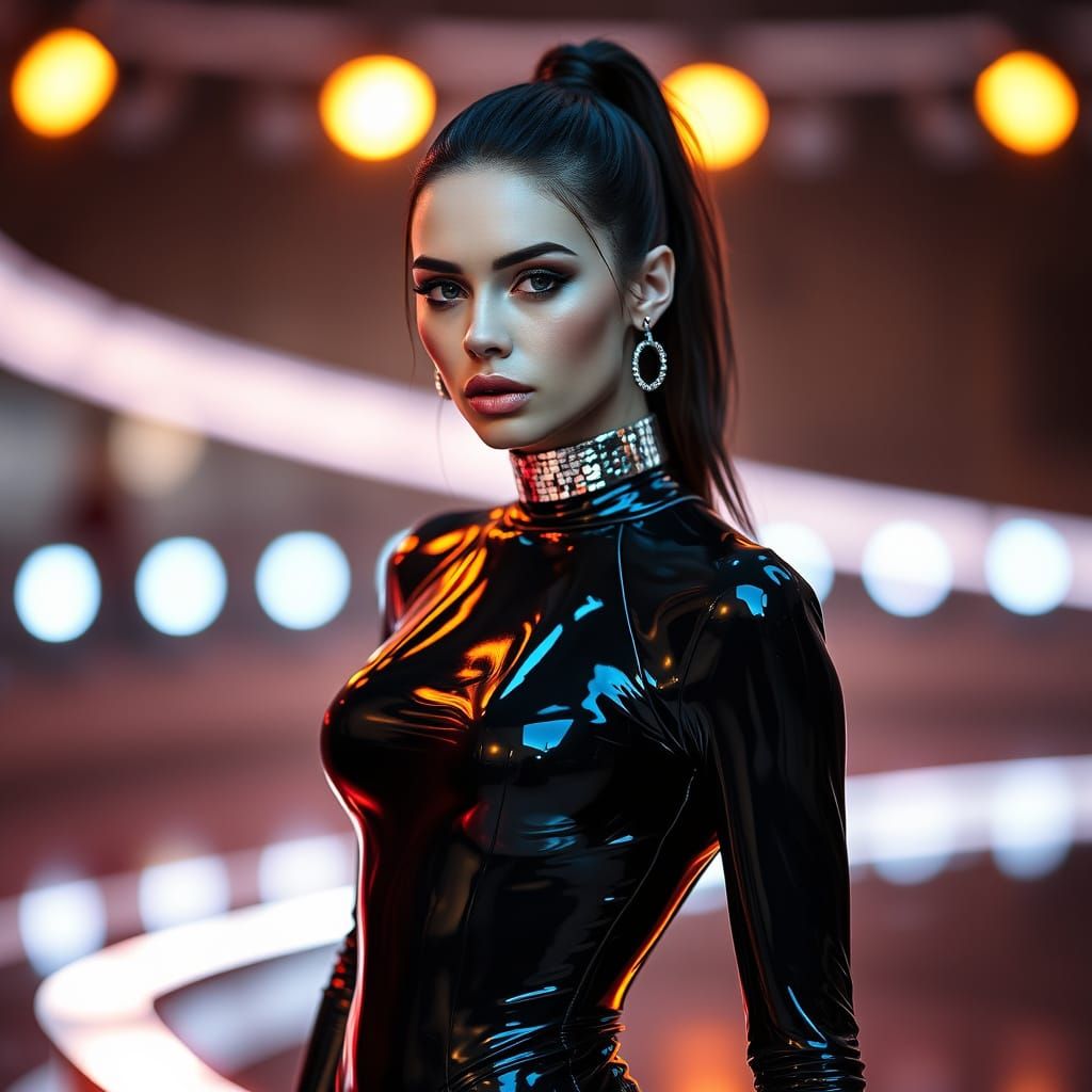 Futuristic Runway Model in Latex Bodysuit: Sci-Fi Fashion