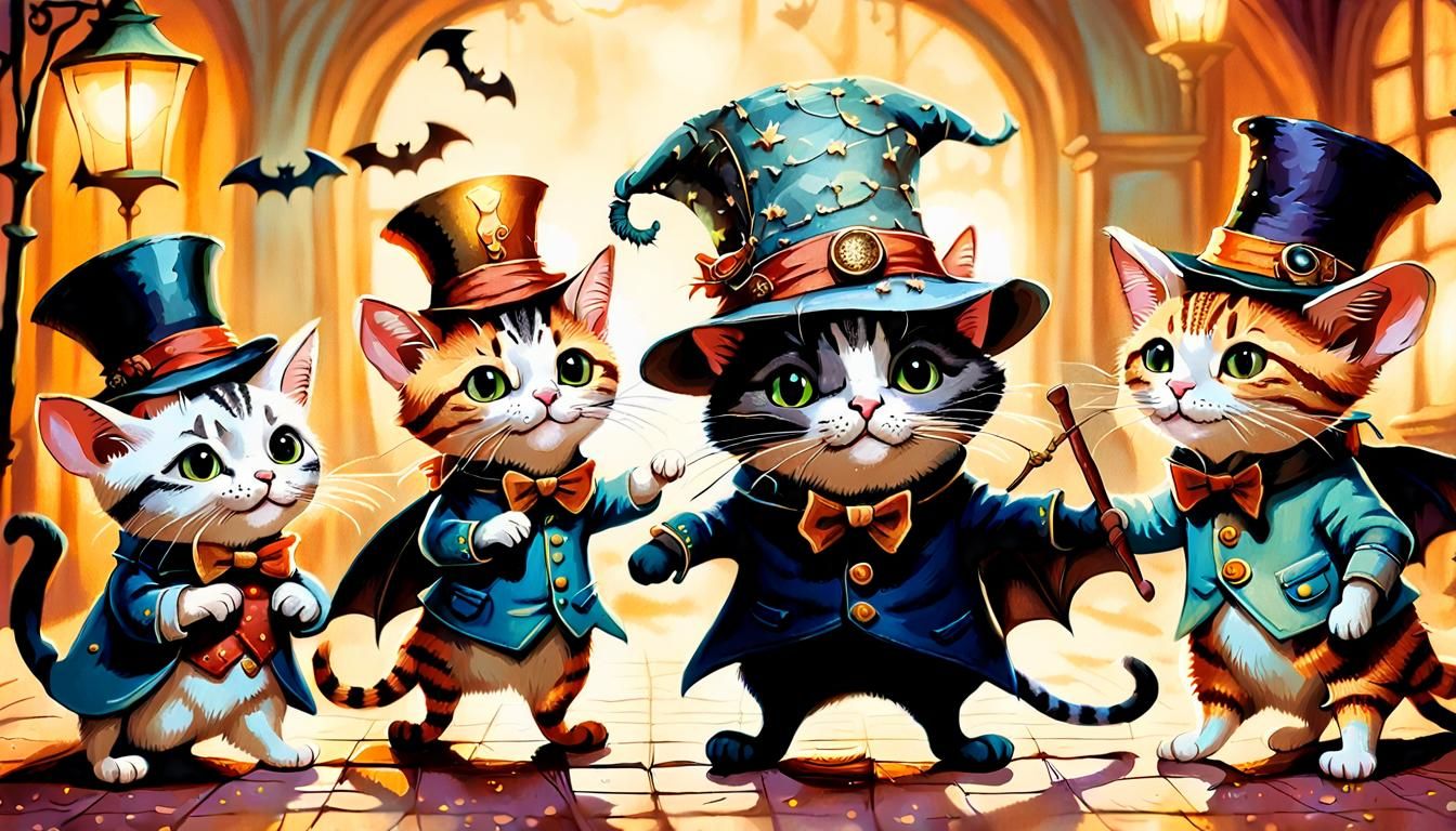 Whimsical Cats in Hats with Bats Illustration
