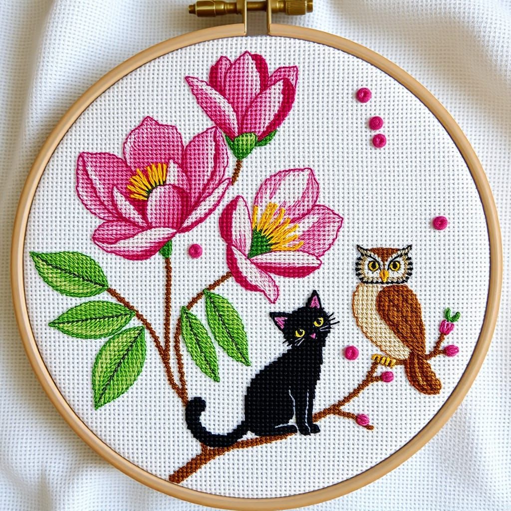 Whimsical Floral Embroidery with Feline and Avian Friends
