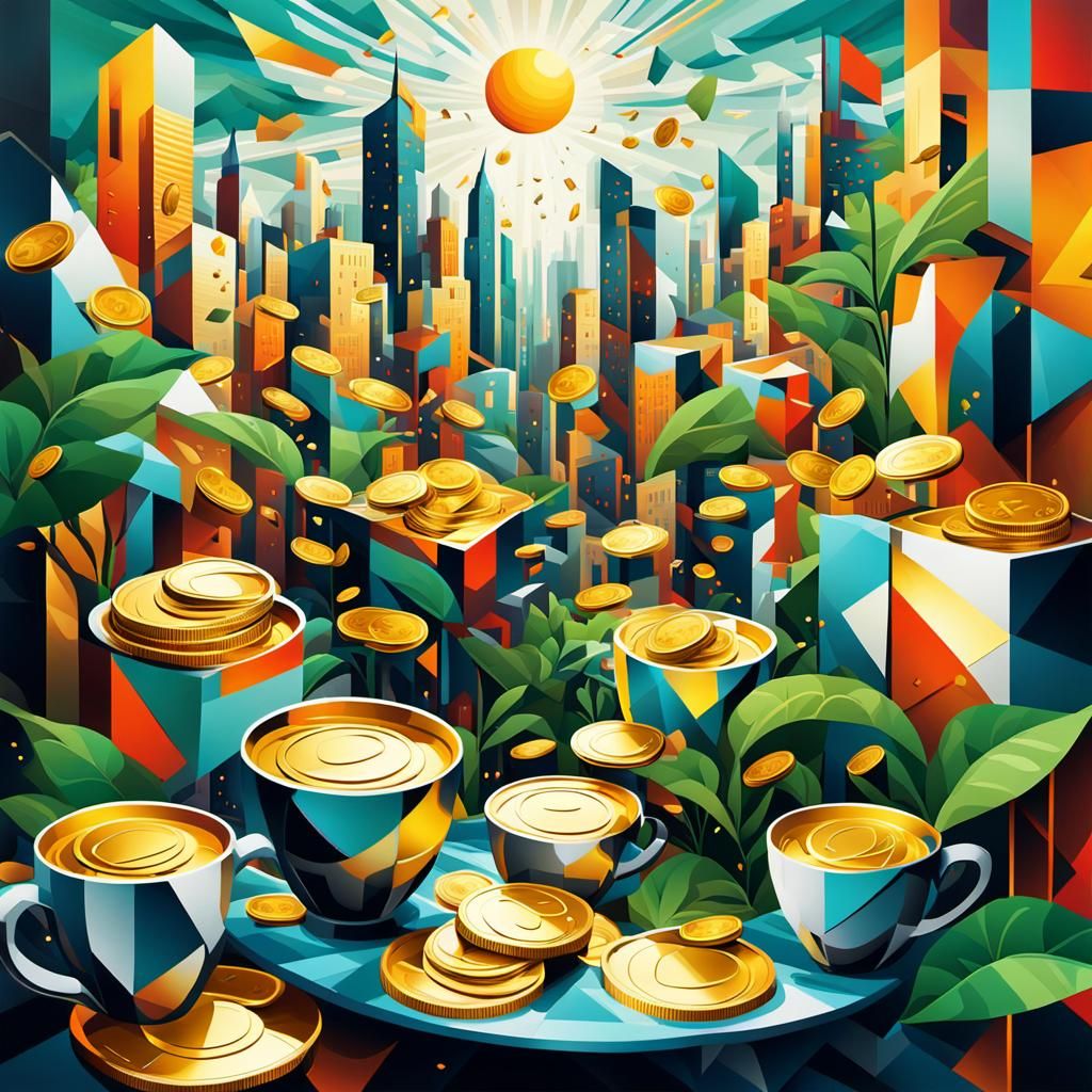 Abstract Cubist Wealth: Golden Coins and Lush Cityscape