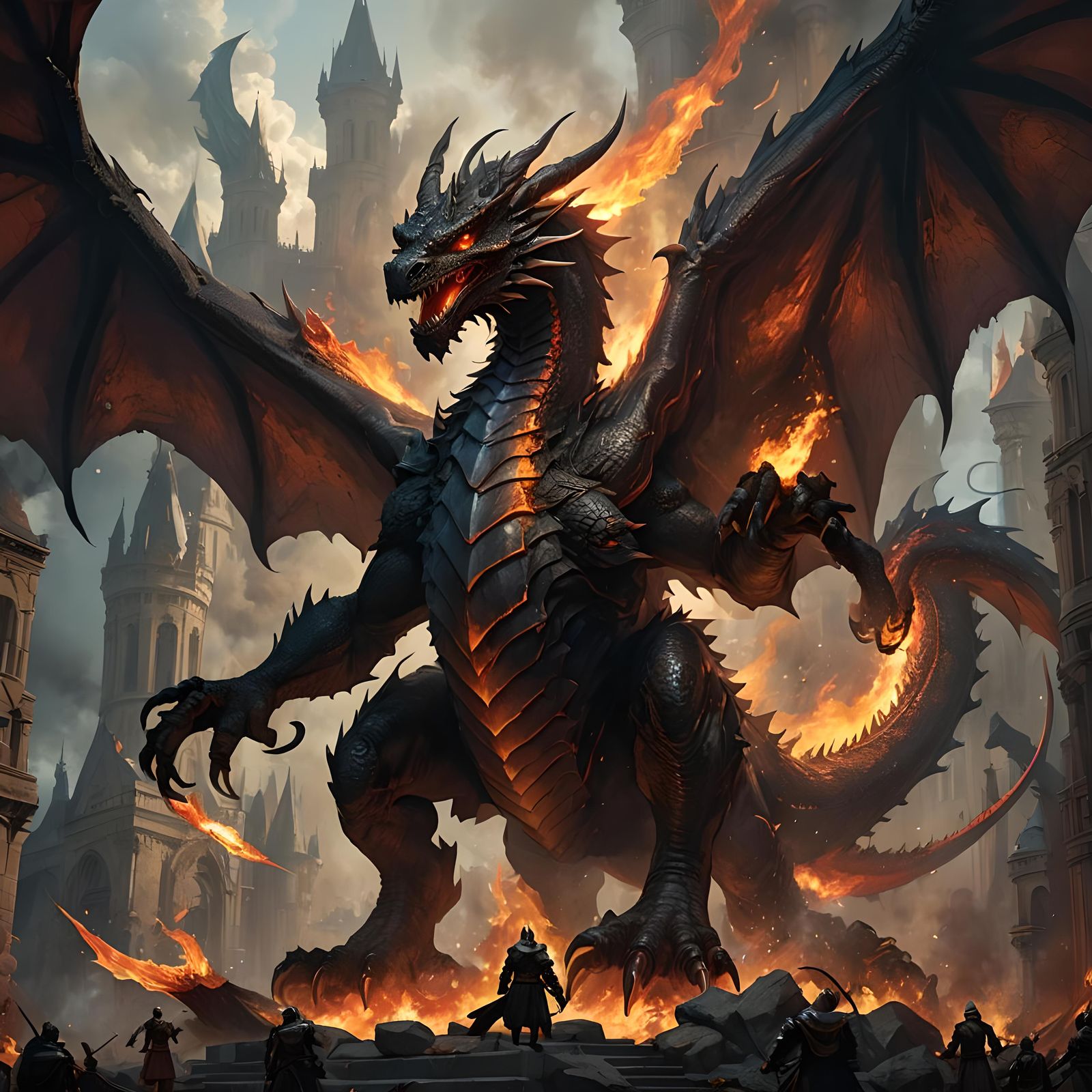 Hyperrealistic Fire Dragon Confronts Knight