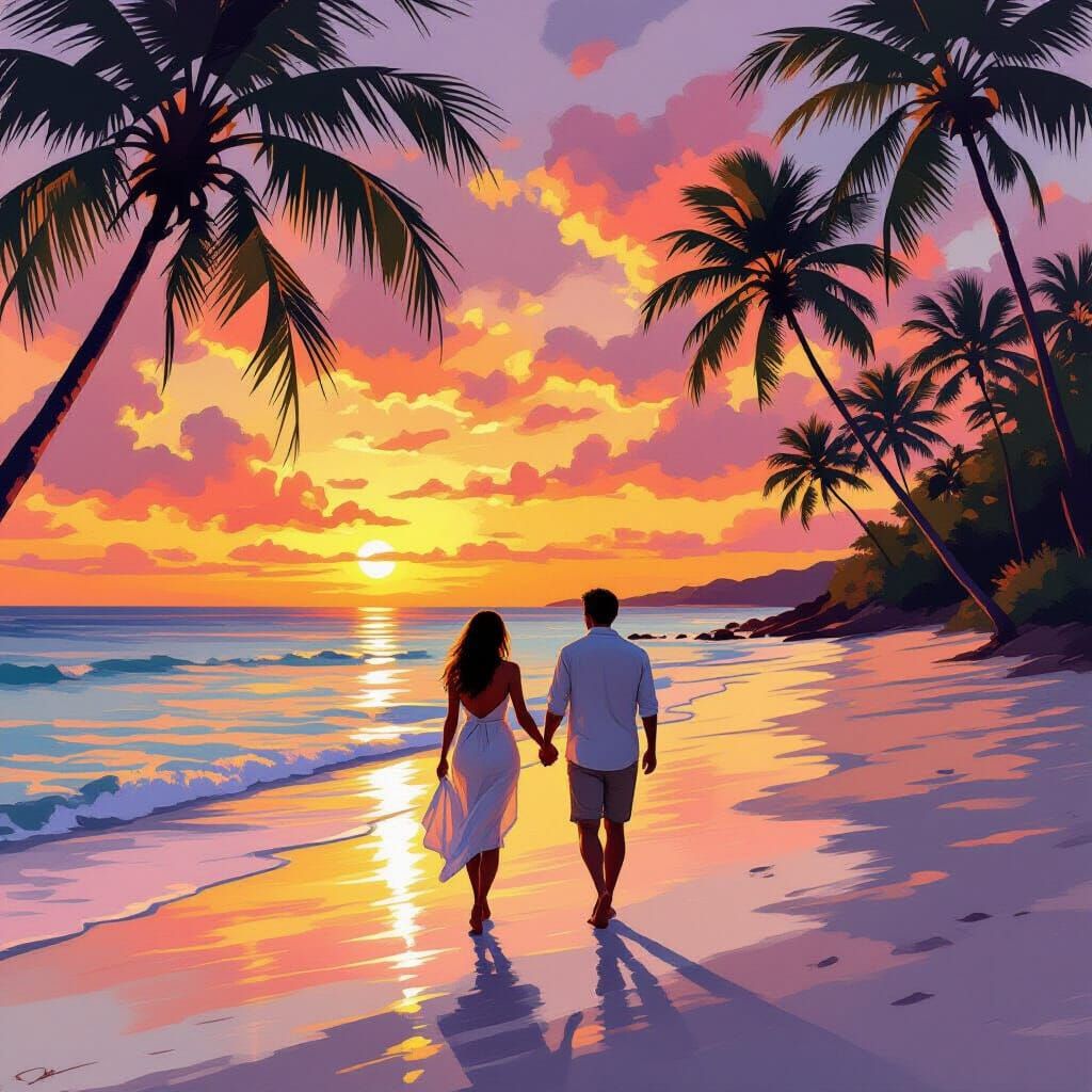 Romantic Sunset Beach Stroll: Impressionistic Coastal Art
