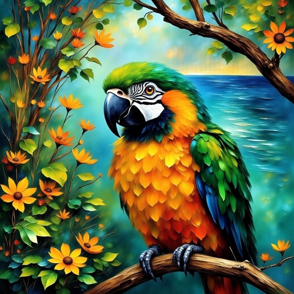 Tropical Parrot on Island Beach in Faceted Style
