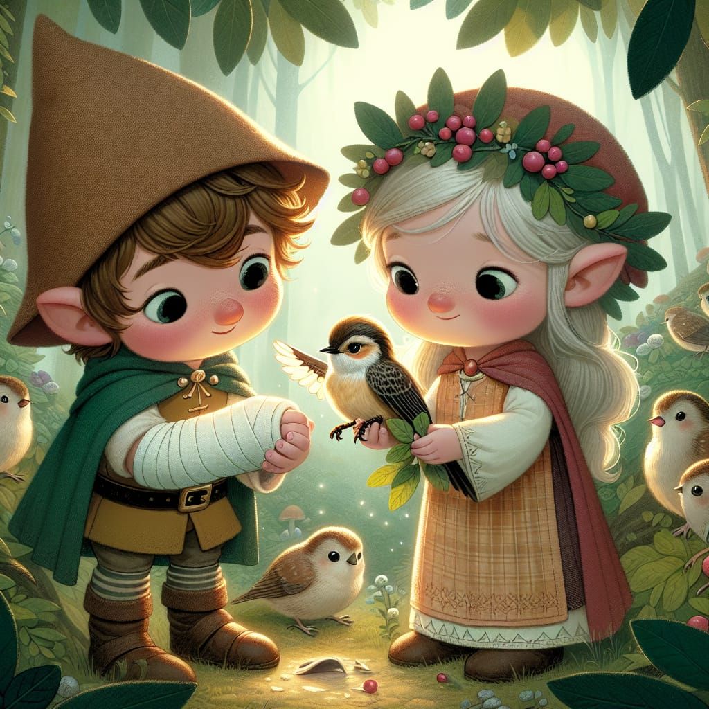 Gnomes Heal a Bird: Storybook Illustration