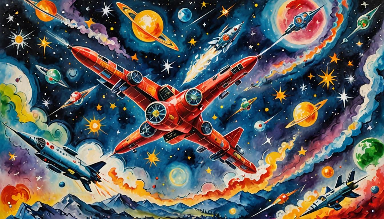 Spaceships Battle in Space as Gouache Impressionist Painting