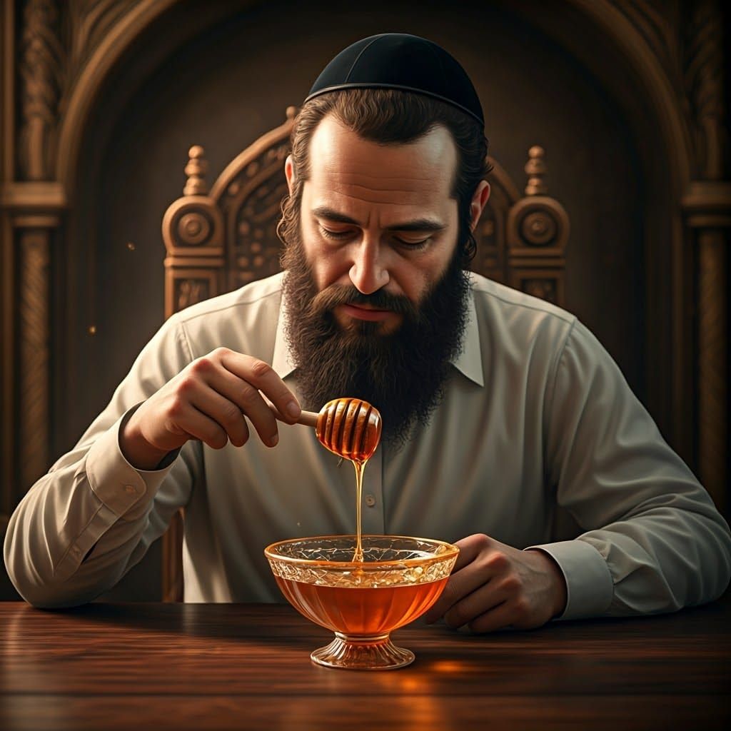 Ultra-Orthodox Jew Dipping Apple in Honey, 3D Render