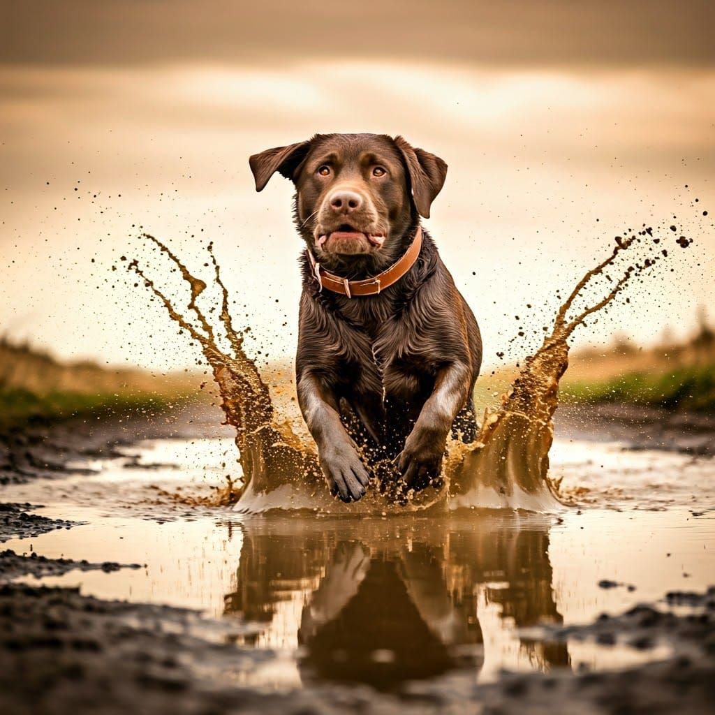 Chocolate Labrador Leaping in Muddy Puddle