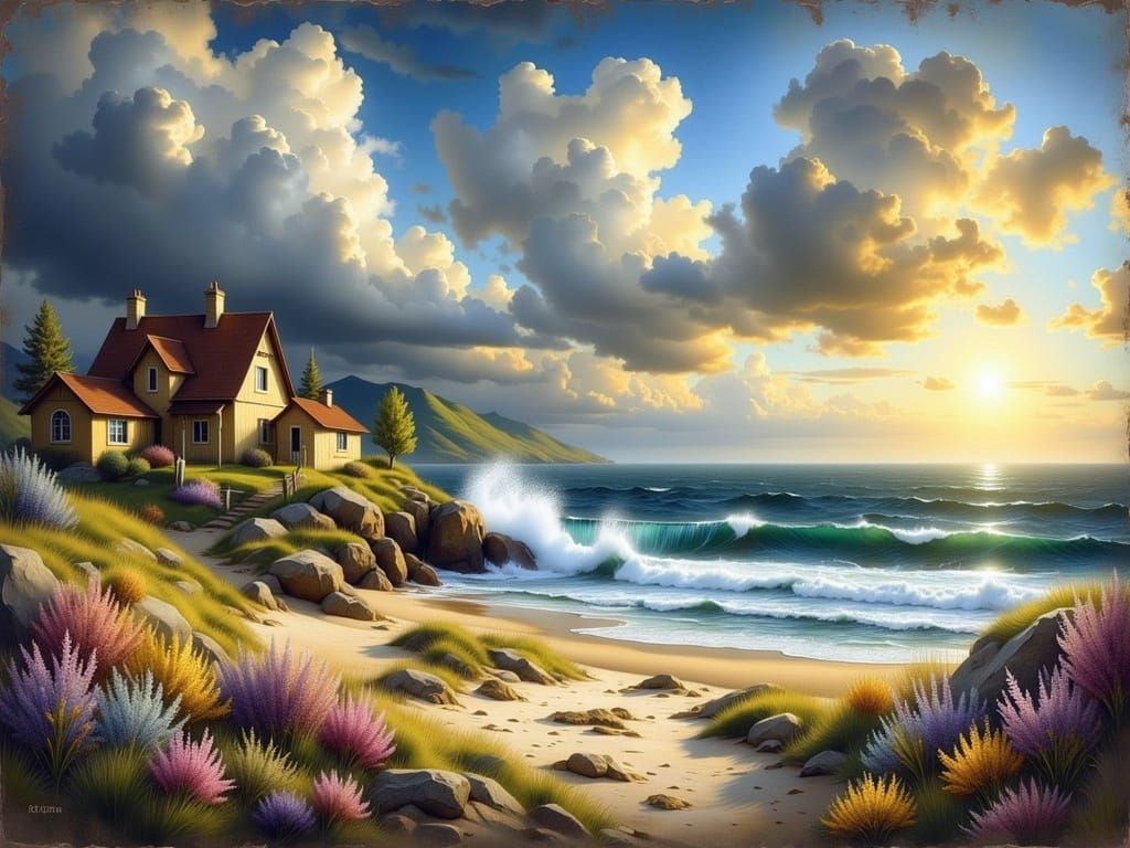 Majestic Watercolor Landscape of a Windswept Mediterranean T...