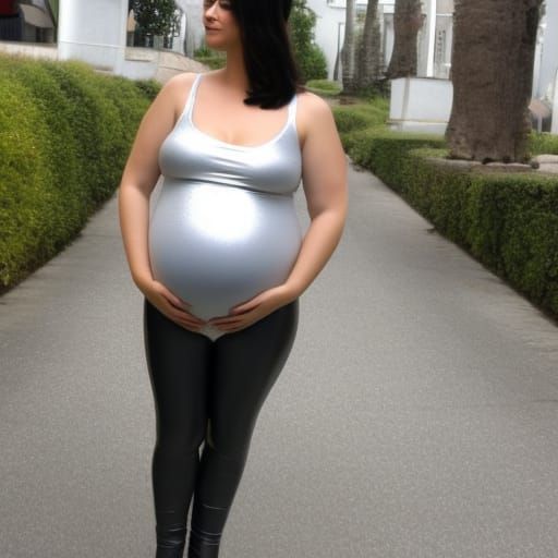 Pregnant Woman in Silver Catsuit