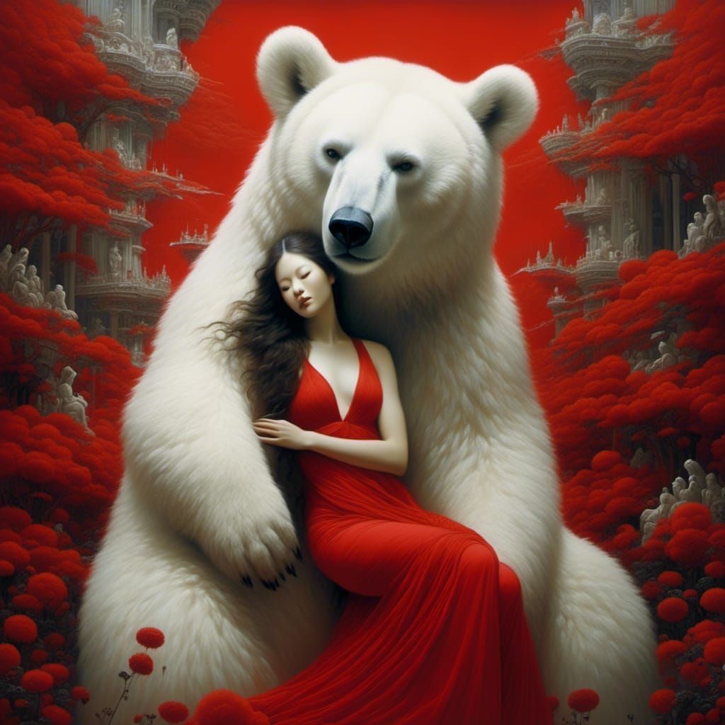Woman in Red Dress Hugging White Bear