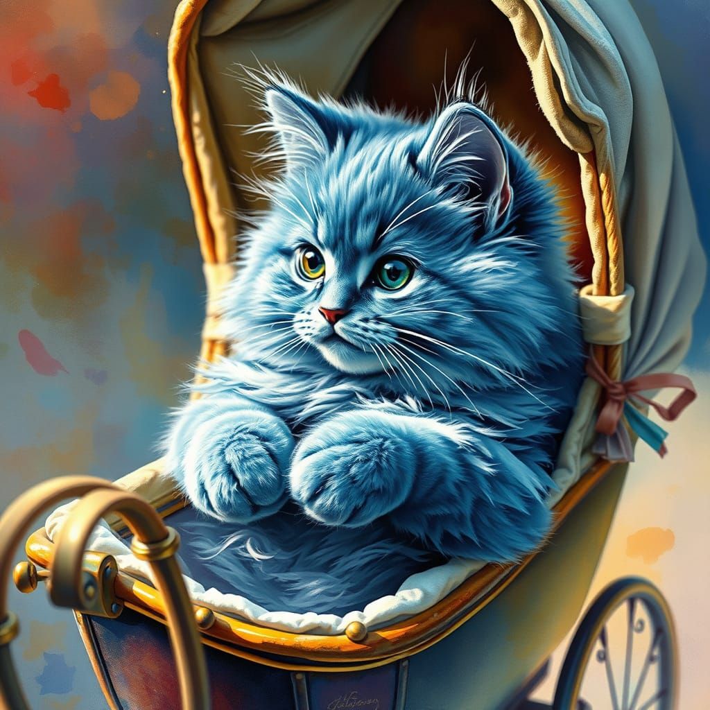 Blue Russian Cat Rides in Vintage Carriage