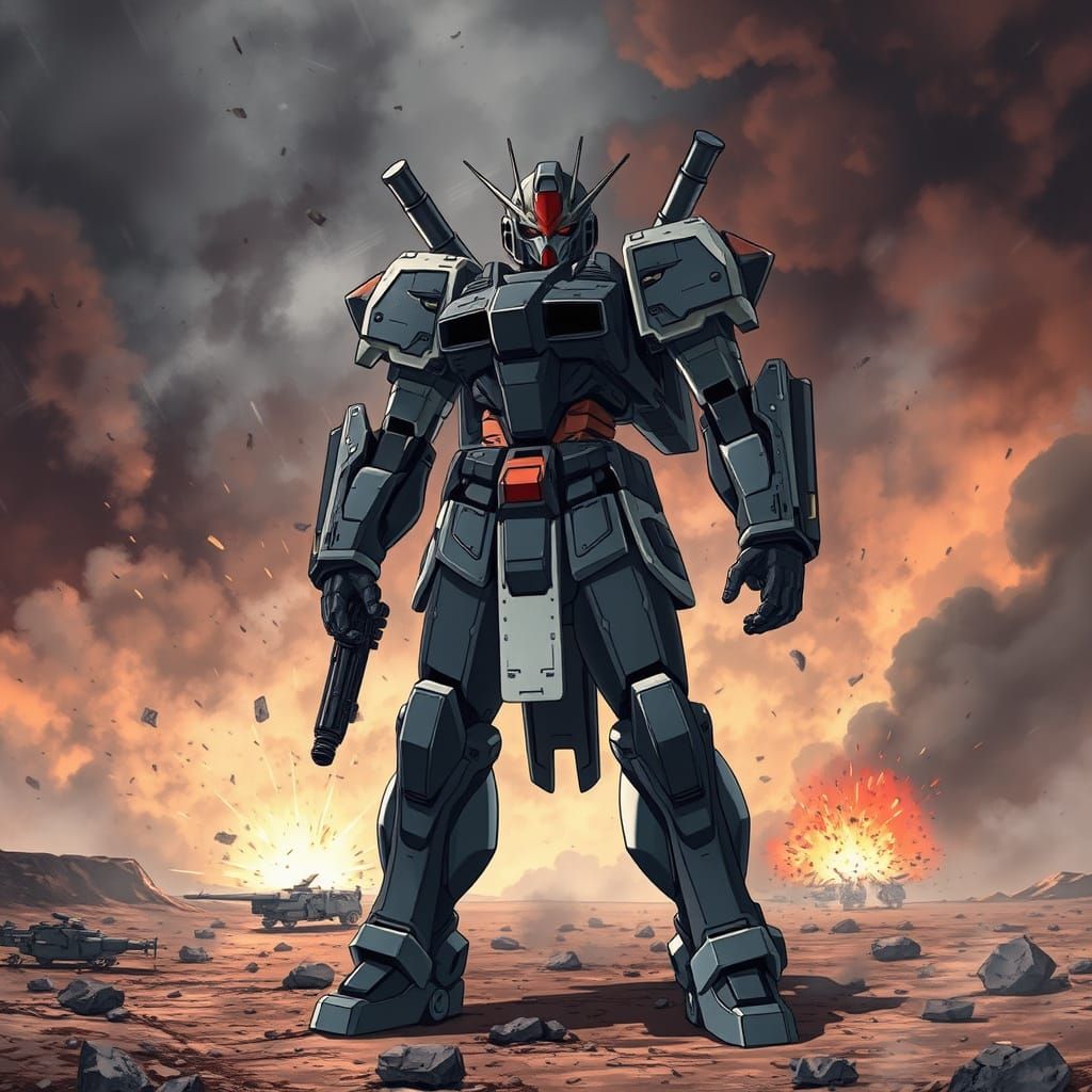 Fierce Anime Soldier in Futuristic Armor on War-Torn Battlef...