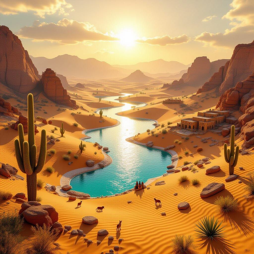 Fantasy Desert Landscape with Crystalline Rocks and Oases