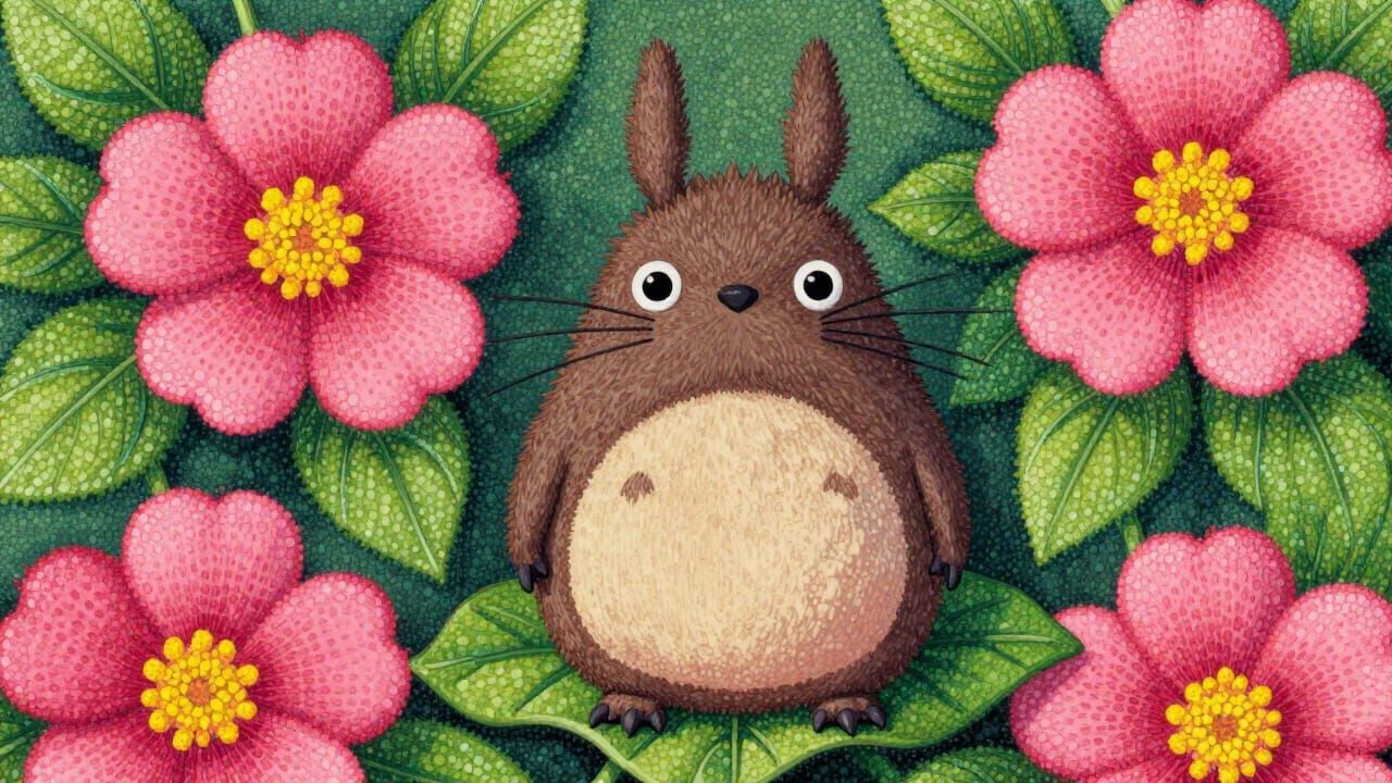 Strange Creature Among Pink Flowers in Pointillism Style