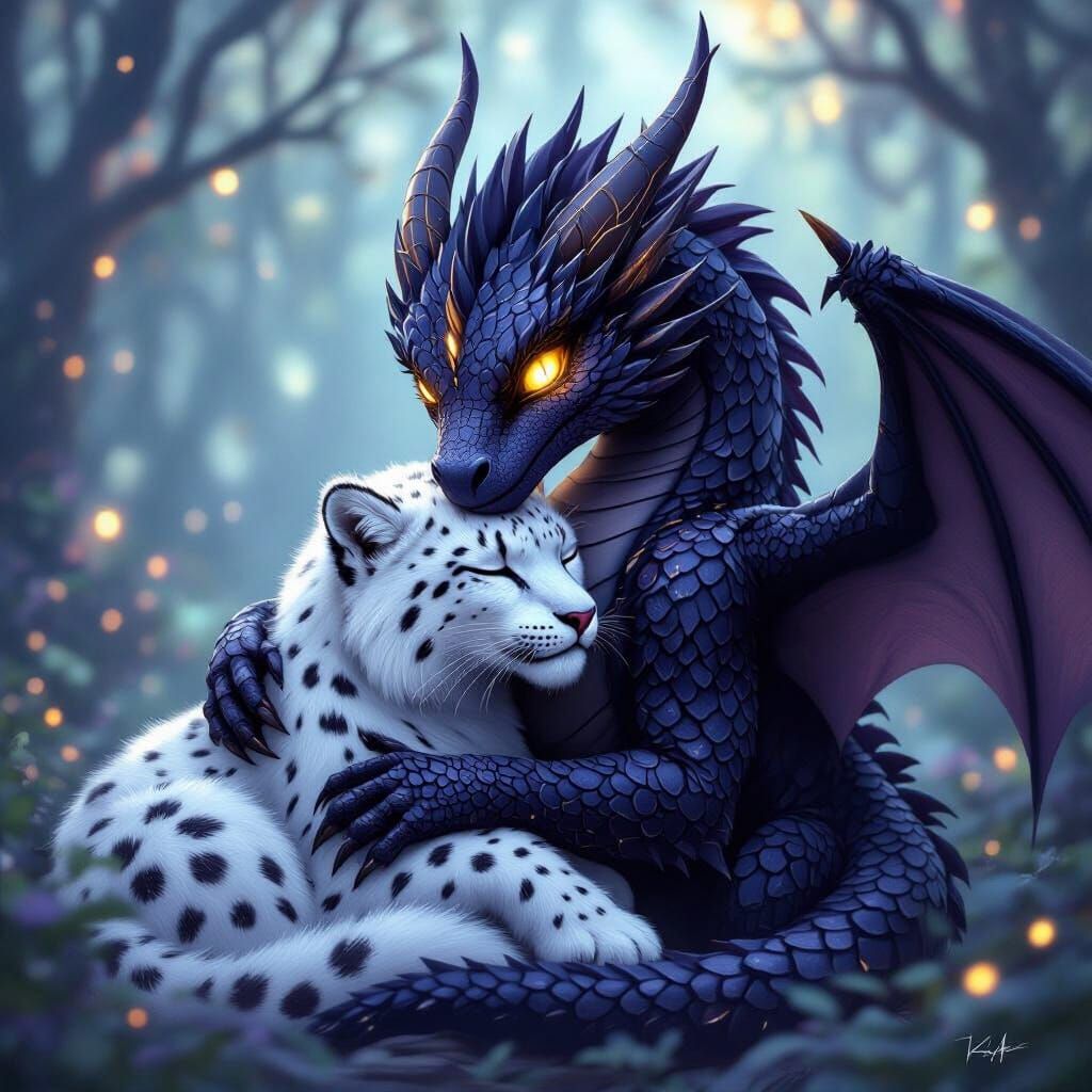Dragon Embraces Snow Leopard in Glowing Forest